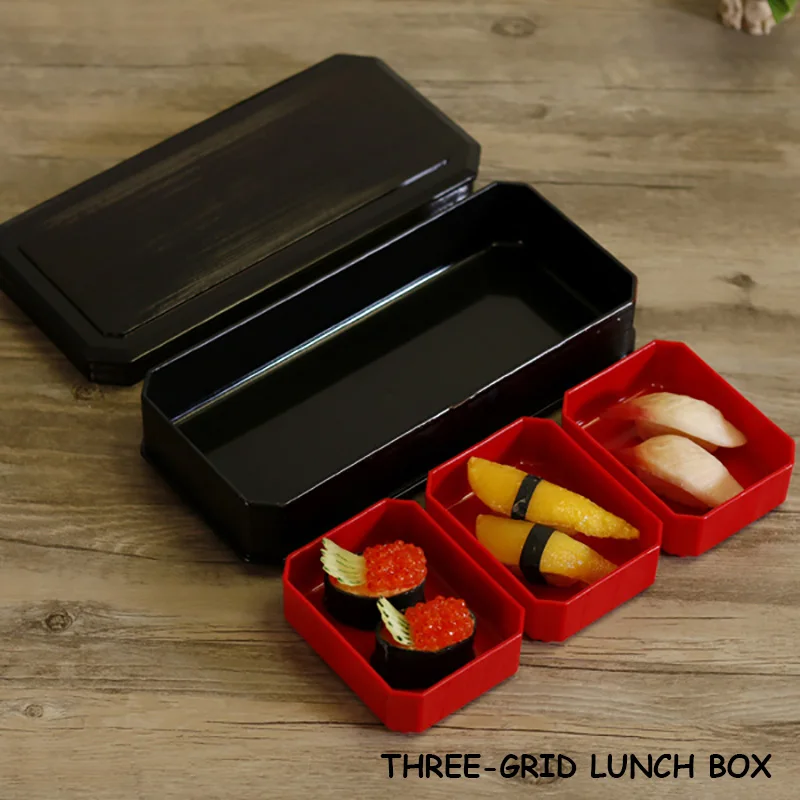 Three-grid lunch box Коробка для суши с крышкой, Многокамерный чехол, угорь, Ланч-бокс, Bento Box, бизнес-набор, пластиковая посуда, ужин, черная Изолированная коробка, 1 шт - Цвет: Three-grid lunch box
