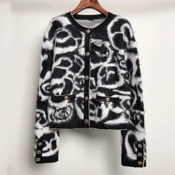 

Cashmere Sweater Women Cardigan Vintage Stylish Geometric Fashion Long Sleeve England Style Outerwear