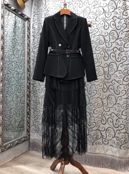 

2020 Early Autumn New Women's Open Line Lapel Buckle Long Sleeve Suit + Lace Perspective skirt 2 pc set 823