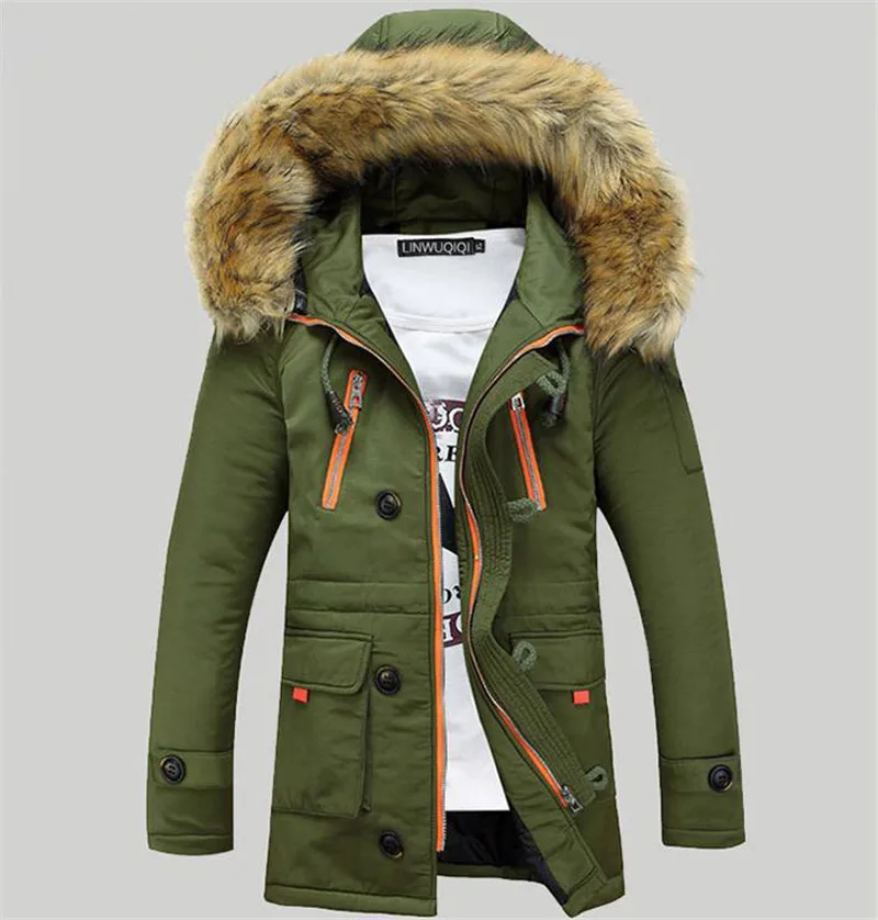 Утепленная Мужская парка, зимняя куртка, мужские пальто, мужская верхняя одежда с меховым воротником, повседневное длинное хлопковое стеганое Мужское пальто с капюшоном в стиле милитари - Цвет: JL19-ArmyGreen