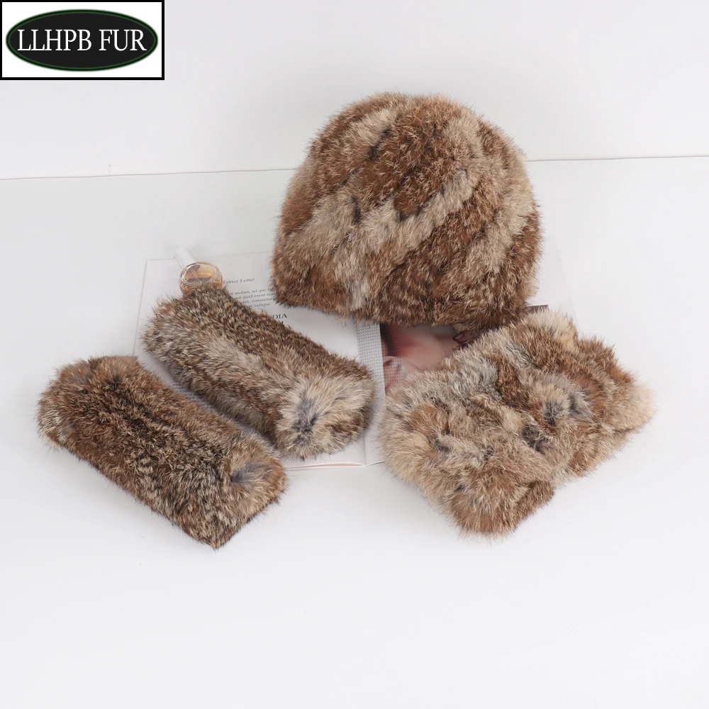 

New Knitted Women Genuine Rabbit Fur Scarves Hats Gloves Sets Lady Winter Warm Fluffy 100% Natural Rabbit Fur Scarf Hat Glove