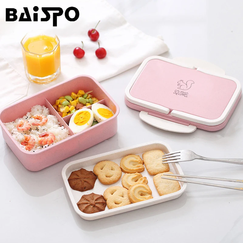 Baispo Microwavable Lunch box Wheat straw Cartoon bento box Portable Eco-friendly Food Container Lunchbox For kids School Picnic