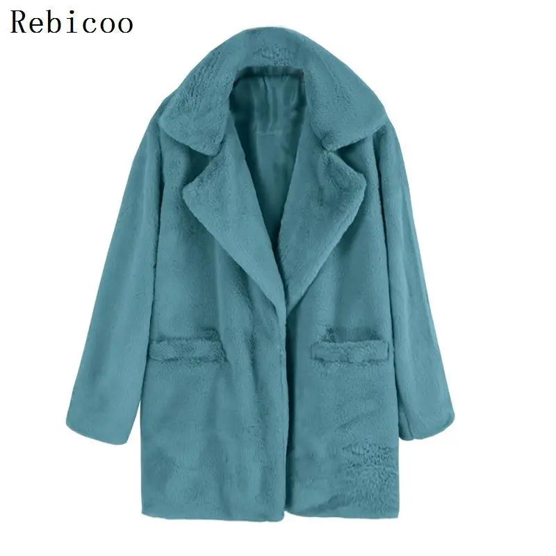 Женское пальто из искусственного меха, осенне-зимнее пушистое теплое плюшевое пальто, модные меховые пальто с отворотом и длинным рукавом, верхняя одежда для девушек