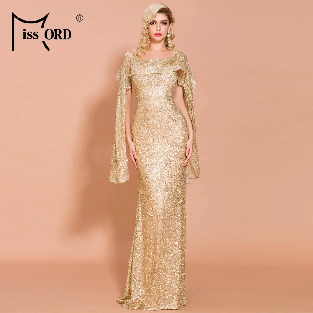

Missord 2019 Sexy Irregular Neck Ruffle Solid Color Dresses Female Elegant Bodycon Maxi Glitter Dress FT19748