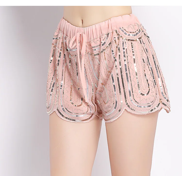 femininas nova cintura elástica causal shorts perna larga blingbling lantejoulas