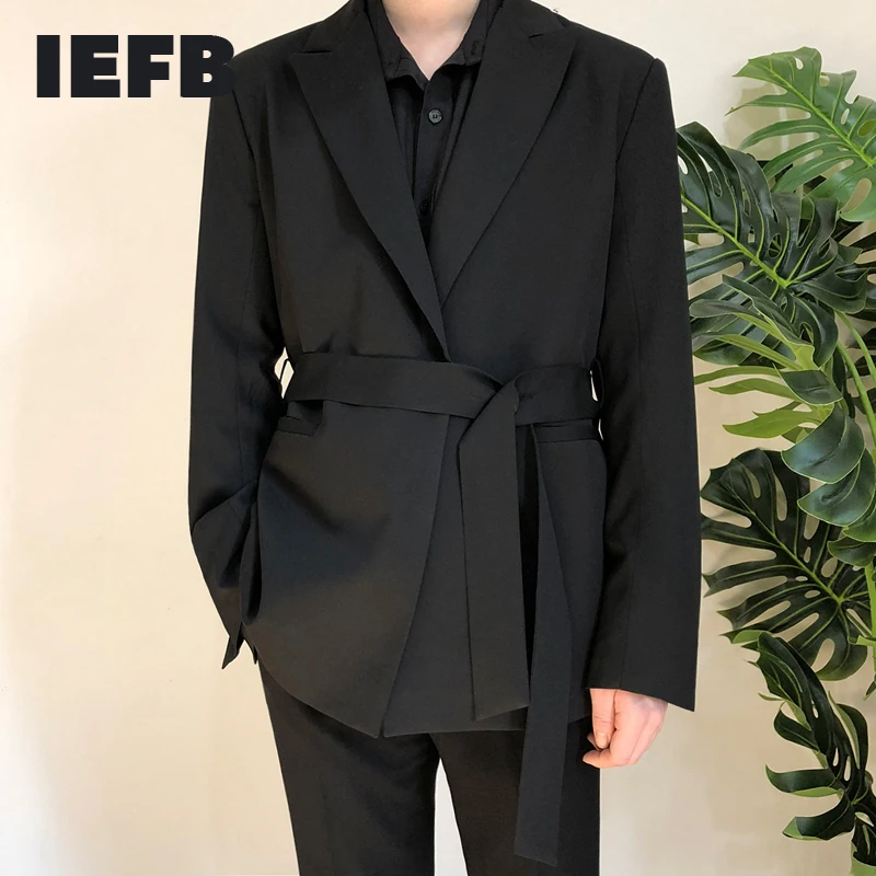 

IEFB /men's Wear 2023 Autumn Casual Black Suit Loose Coat Self-cultivation Trend Handsome Small Blazers With Belt Design 9Y90001