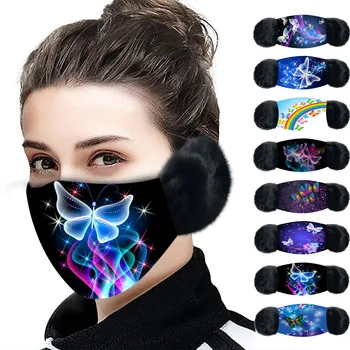 

Adults Unisex mask earmuffs integrated Winter Warm Cover Ear Ball Butterfly Print Washable Breathable Face Mask Mascarilla