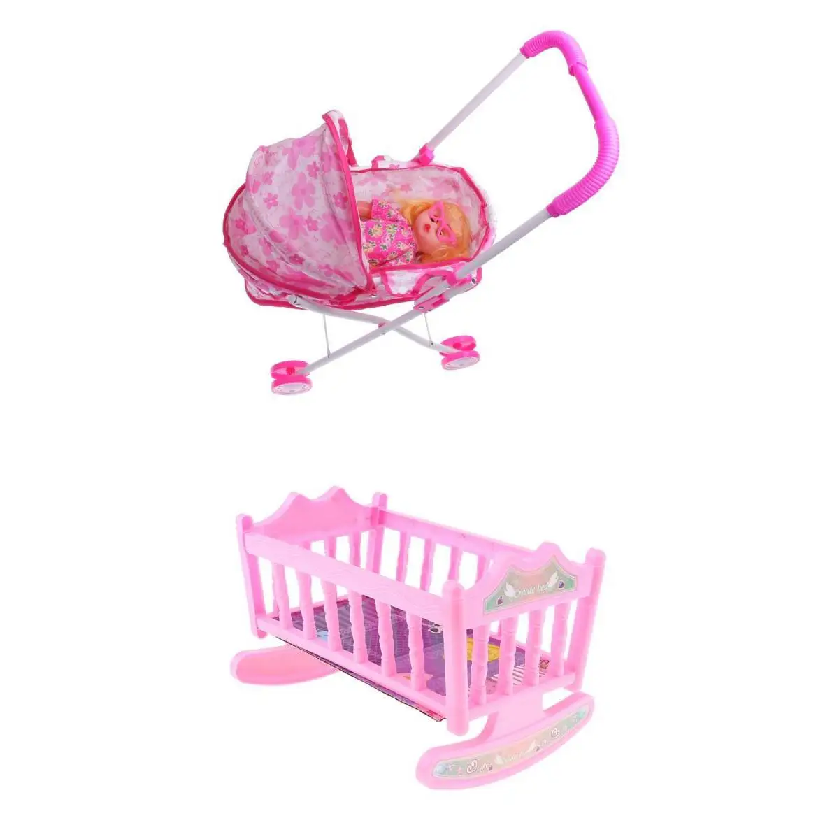 Pink Doll Pram Buggy Plastic Pushchair Stroller & Baby Bed Crib Miniature For 25-28cm Doll Kids Pretend Play Toys