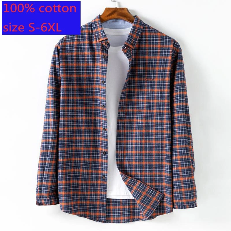 New Arrival Fashion High Quality Flannel Long Sleeve Men 100% Pure Cotton Loose Autumn Plaid Casual Shirts Plus Size S-5XL 6XL men's button up short sleeve shirts & tops