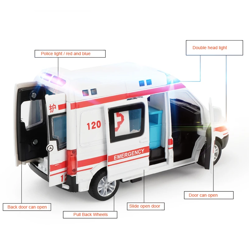 diecast models 1:32 High Hospital Simulation Ambulance Hospital Rescue Metal Cars Model Pull Back With Sound and Light Alloy Diecast Car Toys remote control car