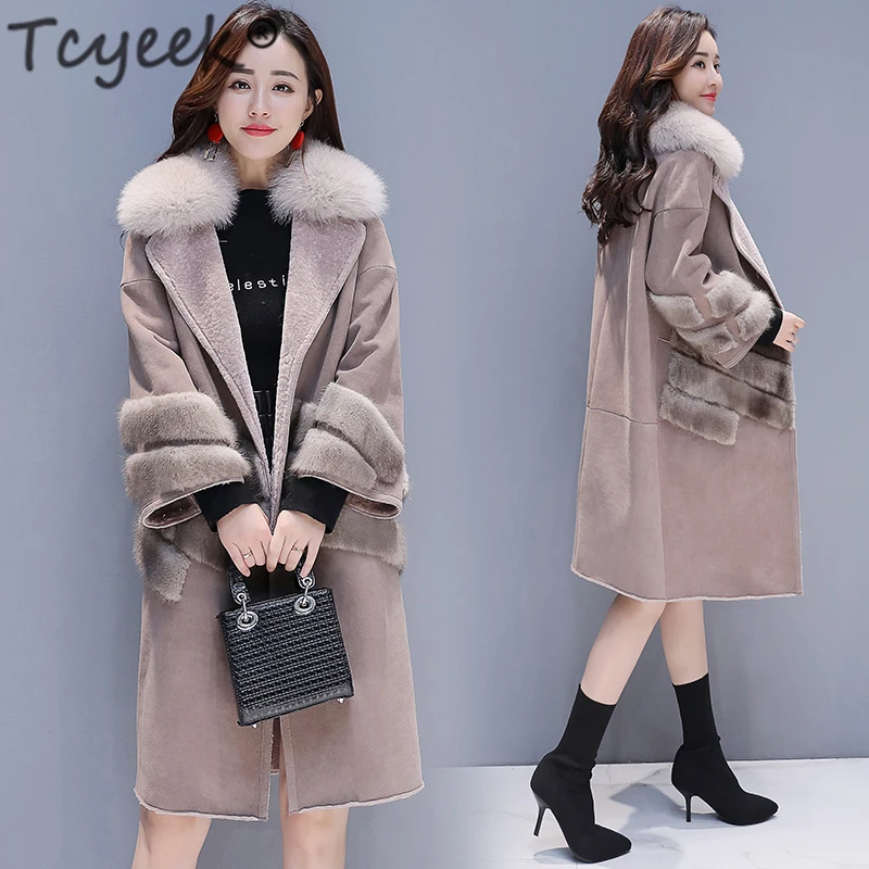 Tcyeek модное женское зимнее пальто Женская куртка из искусственного меха+ большой меховой воротник Толстая теплая длинная овечья стрижка Hiver F81137