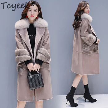 

Tcyeek 2020 Fashion Ladies Winter Coat Women Faux Fur Jacket + Large Fur Collar Thick Warm Long Sheep Shearing Coat Hiver F81137