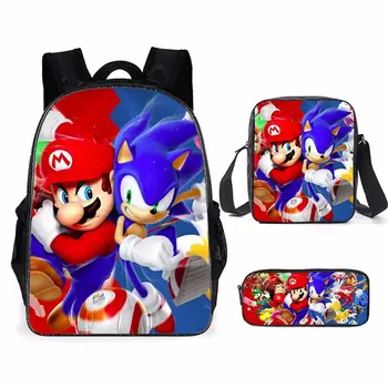 

3pcs Cartoon Mario School Bags Set For Kids 3D Sonic Bro Printing Primary Backpack For Boys&Girls Cute Kids Mochilas Escolares