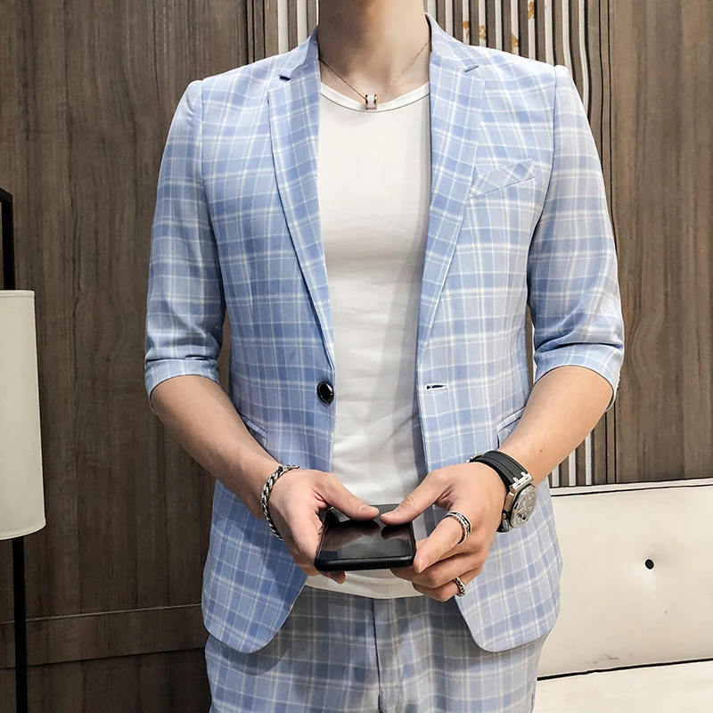 

2020 summer thin five Quarter Sleeve suit men's Plaid youth student fashion suit pants two-piece set