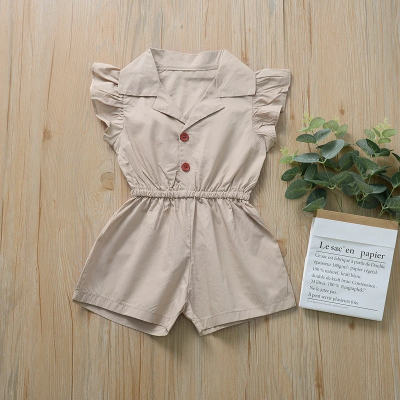 

0-2 Years Child Kids Baby Girl Jumpsuit Clothes Sleeveless Turn Down Collar Romper Solid Color Little Girls Overalls Clothing