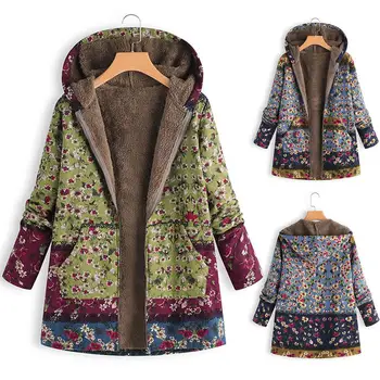 

Vintage Women Parka Coat Women Winter Parka Ethnic Floral Print Hooded Coat Pockets Thickened Coat Female Jacket Outwear