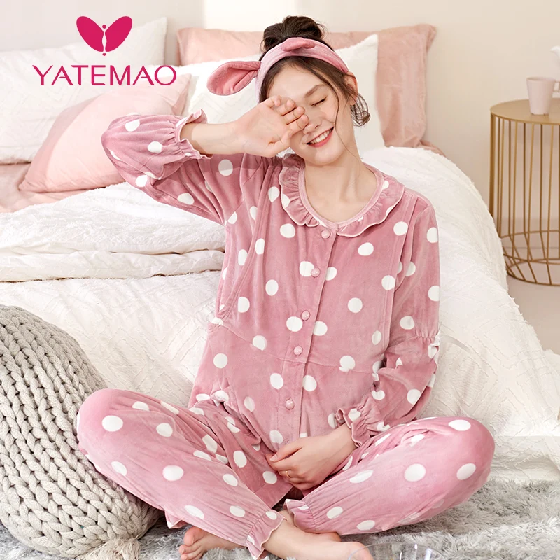 YATEMAO фланелевые пижамные комплекты для беременных Ночная одежда для кормящих женщин Зимняя Ночная рубашка пижамы Домашняя одежда