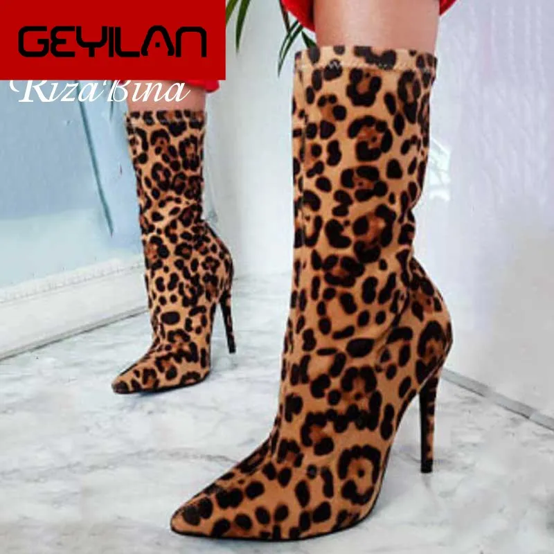 

Fashion 2020 High Quality Leopard Suede Leather Mid Calf Boots Slip On Daily Sexy Woman Club Shoes Women Size 35-40