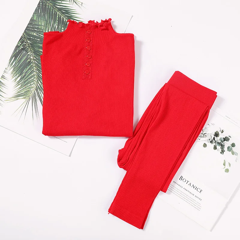 Бесшовный красивый комплект нижнего белья для женщин с высоким воротником и подштанниками - Цвет: big red
