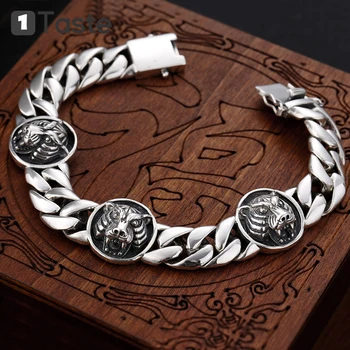 

ONE TASTE 925 Sterling Thai Silver Men's Bracelet Handcraft Carved Tiger Head Bracelets Bangles Fine Jewelry Hiphop Trendy Gift