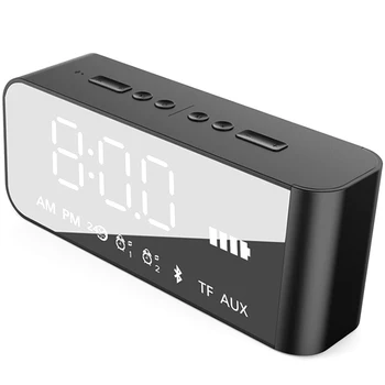 

Wireless Speaker, Alarm Clock, Digital FM Radio, 3.5mm Aux Line-In TF Card Play, Thermometer, Large Mirror LED Dimmable Display