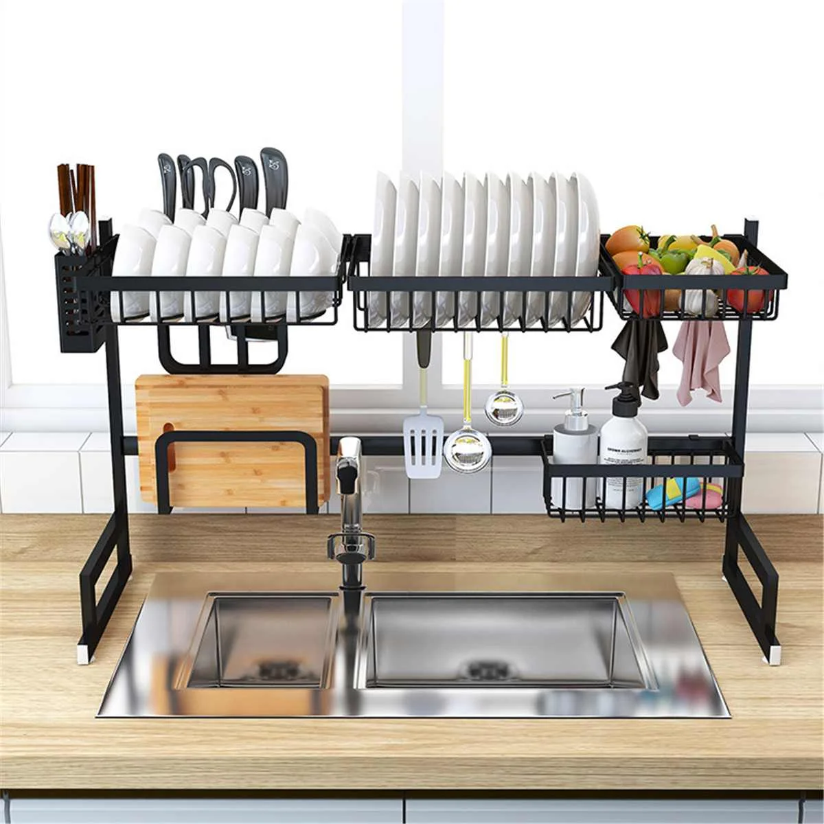 

65/85cm Over Sink Stainless Steel Kitchen Shelf Storage Holders Bowl Dish Rack Organizer Utensils Storage Supplies in Black