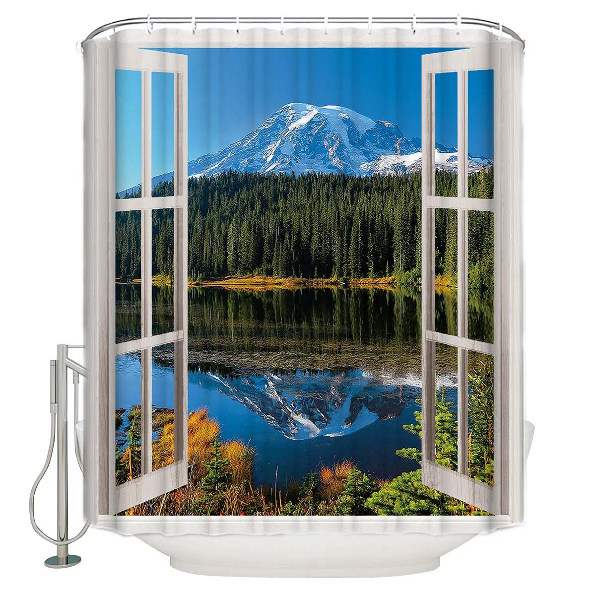 Creative Window View Of The Lake Reflecting The Forest And Mountains