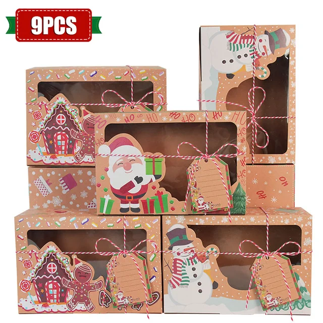 9Pcs Christmas Cookie Box Kraft Paper Candy Gift Boxes Bags Food Packaging Box Christmas Party Kids Gift New Year Navidad 2020 9pcs
