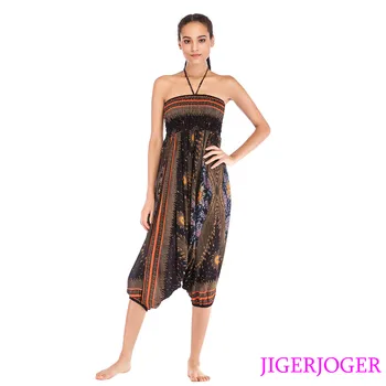 

JIGERJOGER Thai Black Gold Peacock Eye printed 2 in 1 Jumpsuit Harem pants Strappy Halter Beach loose Baggy pants Yoga Leggings
