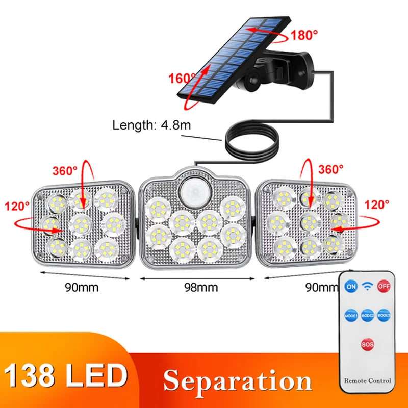 

LED Solar Light 3 Head Outdoor Motion Sensor 270 Wide Angle Lighting Waterproof Remote Control Wall Light.