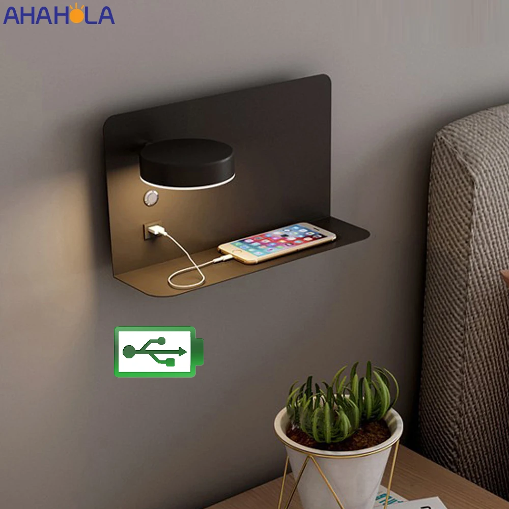 

Bedroom LED Wall Lamp With Switch 5V 2.1A USB Charge Nordic Design Bed Room Bedside Modern Wall Light Interior Wandlamp Arandela