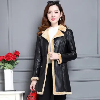 

2019 New Winter Women PU Leather Coat Thicken Warm Jacket Faux Leather Jacket Female Slim Plush Fake Suede Overcoat Parkas K308