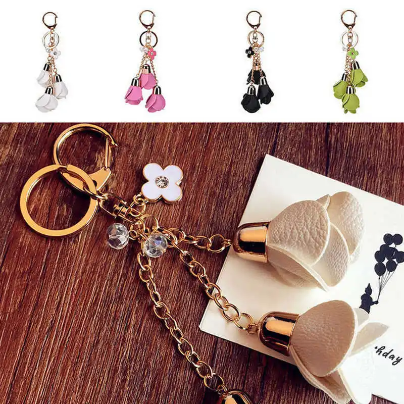 

Rose Chain Keyring Bag Pendant Leather Keychain Key Charm Gift Ring Flowers