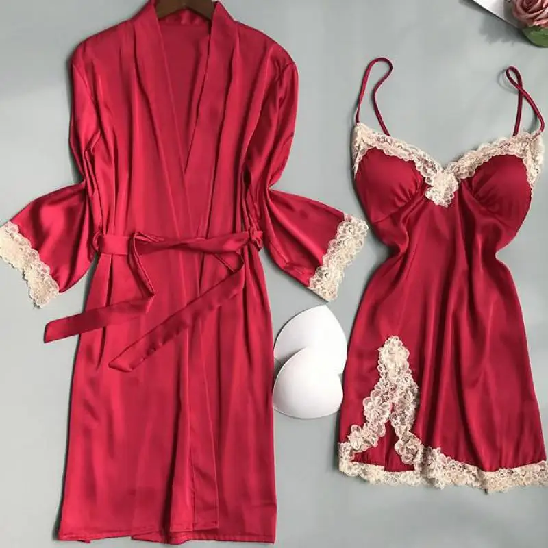 Bridal Wedding Robe Set Women Satin Full Slip Lace Kimono Bath Gown Bridesmaid Wedding Bathrobe&Nightgown Set Loungewear