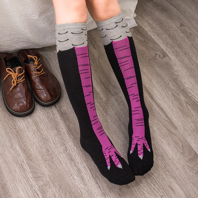 Chicken Paws Feet Socks Women's Long Socks Funny Cartoon Cotton Creative Chicken Leg Claw Ladies 3D Print Above Knee High Socks HK49001-2