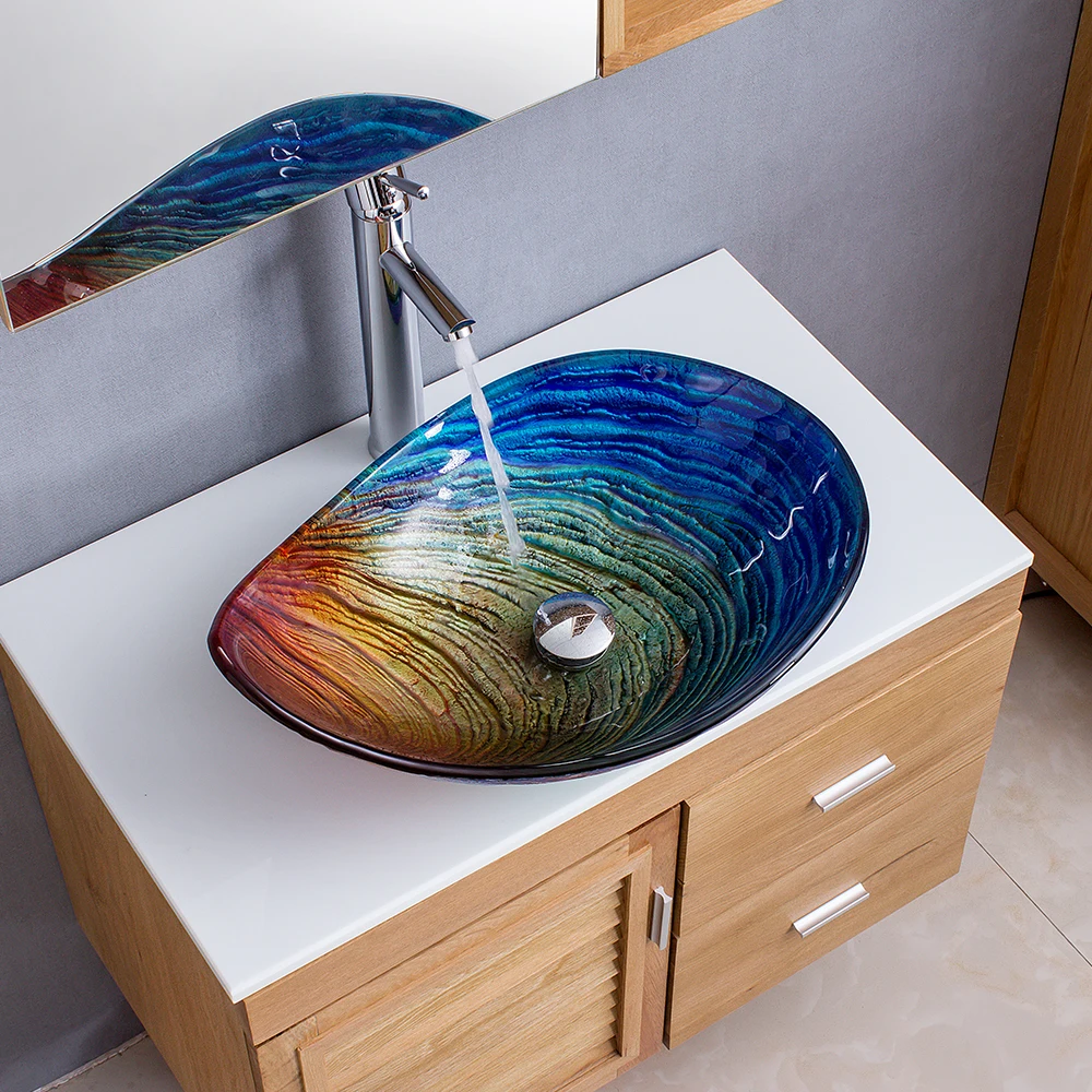 

Fedex/UPS Fast Shipping European Bathroom Sinks Colorful Tempered Glass Bath Washbasin Faucet Set Waterfall Spout for Home/Hotel