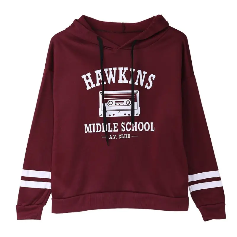 Wine Red Толстовка с капюшоном с принтом «Stranger Show Things Hawkins Middle School AV Club» - Цвет: Wine Red