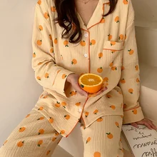 Cotton Home Suits Korean Sleepwear Orange Print Pajamas for Women Autumn Pijama Pyjamas Long Sleeve 2 Piece Set Pjs Dropshipping