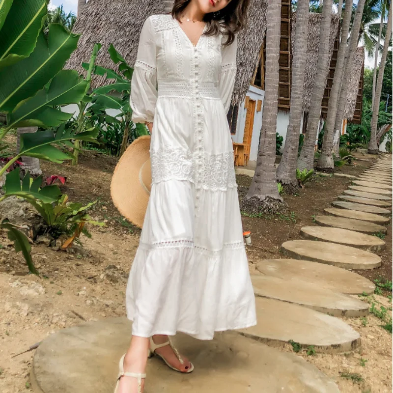 GypsyLady 100% Cotton Lace Maxi Dress White Floral Embroidery Summer  Holiday Dress Hollow Out Sexy Chic Ladies Women Dresses - AliExpress