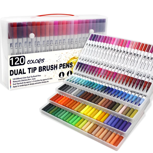100 Colors Dual Tip Brush Art Marker Pens Coloring Markers Fine & Brush Tip  Pen for