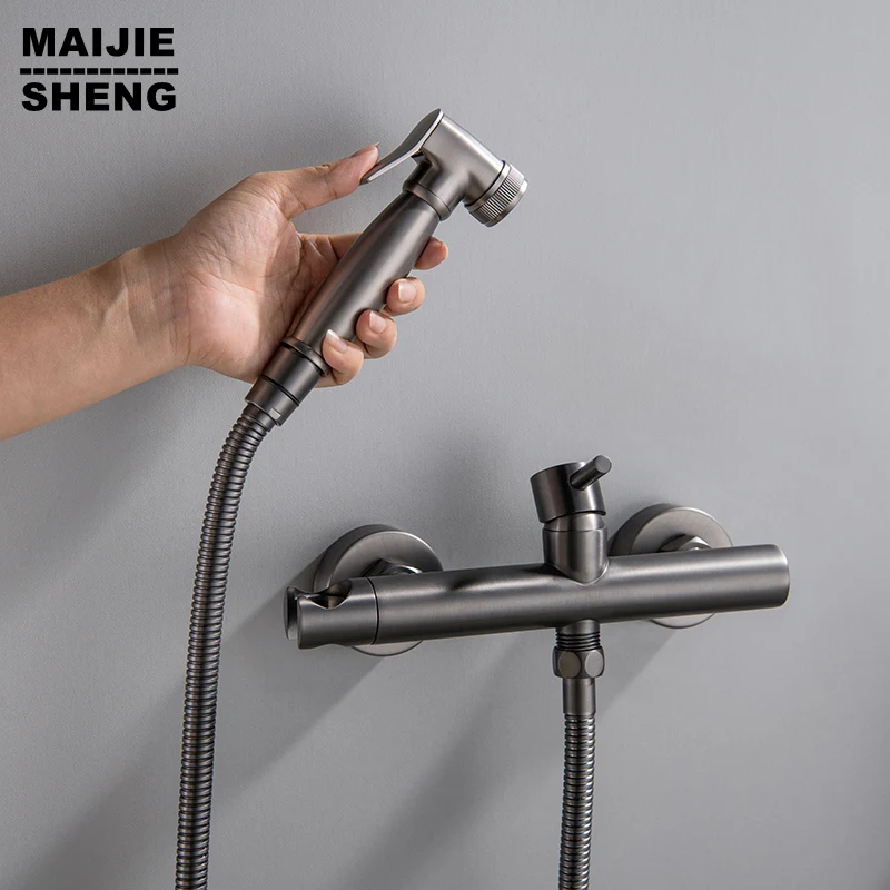 

Gray/Matt Black Hot And Cold Hand Held Toilet Bidet Sprayer Bathroom Solid Brass Shattaf Shower Mixer Faucet Douche Kit