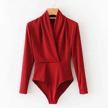 

Sexy V-Neck Long Sleeve Bodysuit Women Red Solid Skinny Bodysuit Autumn Casual Bodysuit