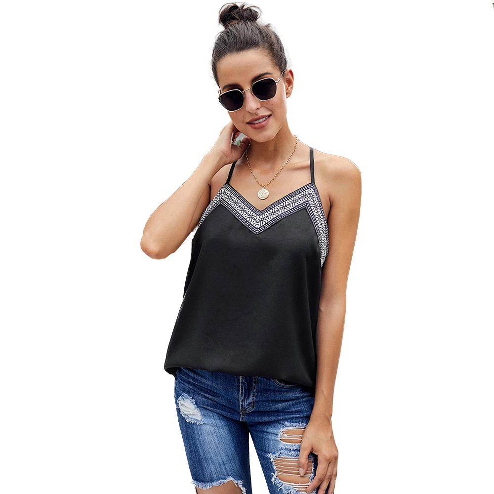 Summer Women Tank Tops Embroidered Vest Blouse Woman Casual Loose V Neck Sleeveless Shirt Female Adjustable Strap Camis Camisole | Женская