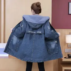 2024 Winter New Women Lamb wool Thick Denim Jacket 5XL Loose Hooded Windbreaker Coat Casual Zipper Jeans Outerwear Warm Parkas