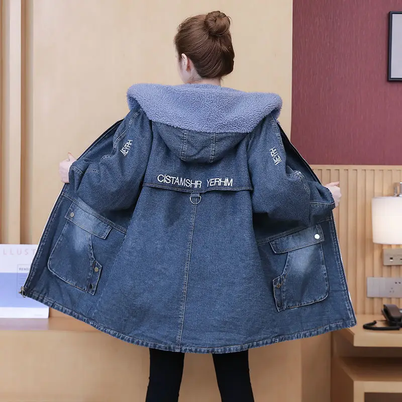 여성용 램스울 두꺼운 데님 재킷, 루즈한 후드 바람막이 코트, 캐주얼 지퍼 청바지, 따뜻한 파카, 5XL, 2023 겨울 신상