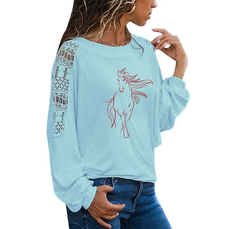 Креативная футболка с лошадью, женская футболка с длинным рукавом и круглым вырезом, женская одежда, топы с животными для девочек, повседневные свободные кружевные футболки - Цвет: 10