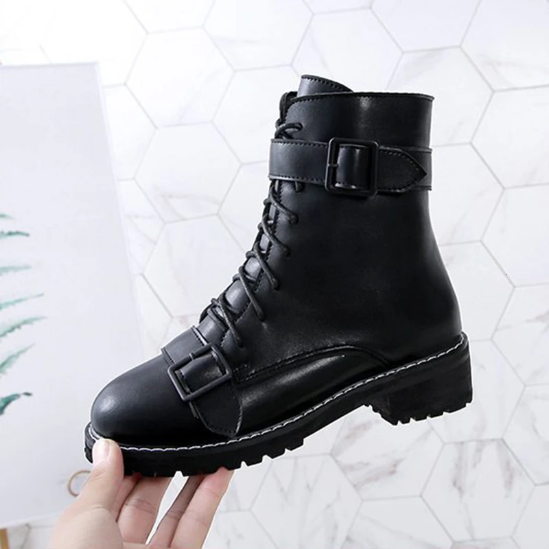 

Motorcycle Boots Women 2019 All Match Lace-up&buckles Side Zip Martin Booties Korean Fashion Anti-skid Knight Botas Women Shoes
