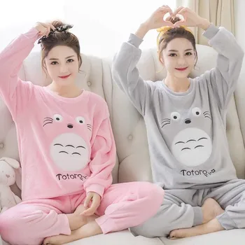 

Cartoon pajamas set Women Thicken Coral fleece Sleepwear Pijama Autumn Winter Korean sweet Home Pyjamas suit