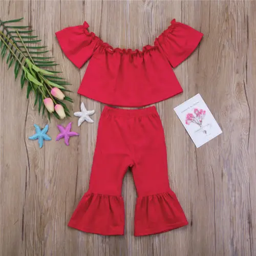 

Ruffled Cold Shoulder Top and Solid Pant Set For Toddler Girl Autumn Spring Clothes Outfit