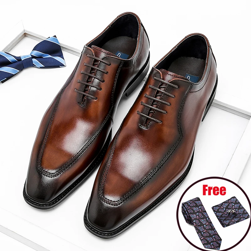 Phenkang Men Genuine Wingtip Leather Oxford Shoes Pointed Toe Lace-Up Oxfords Dress Brogues Wedding Business Platform Shoes 1